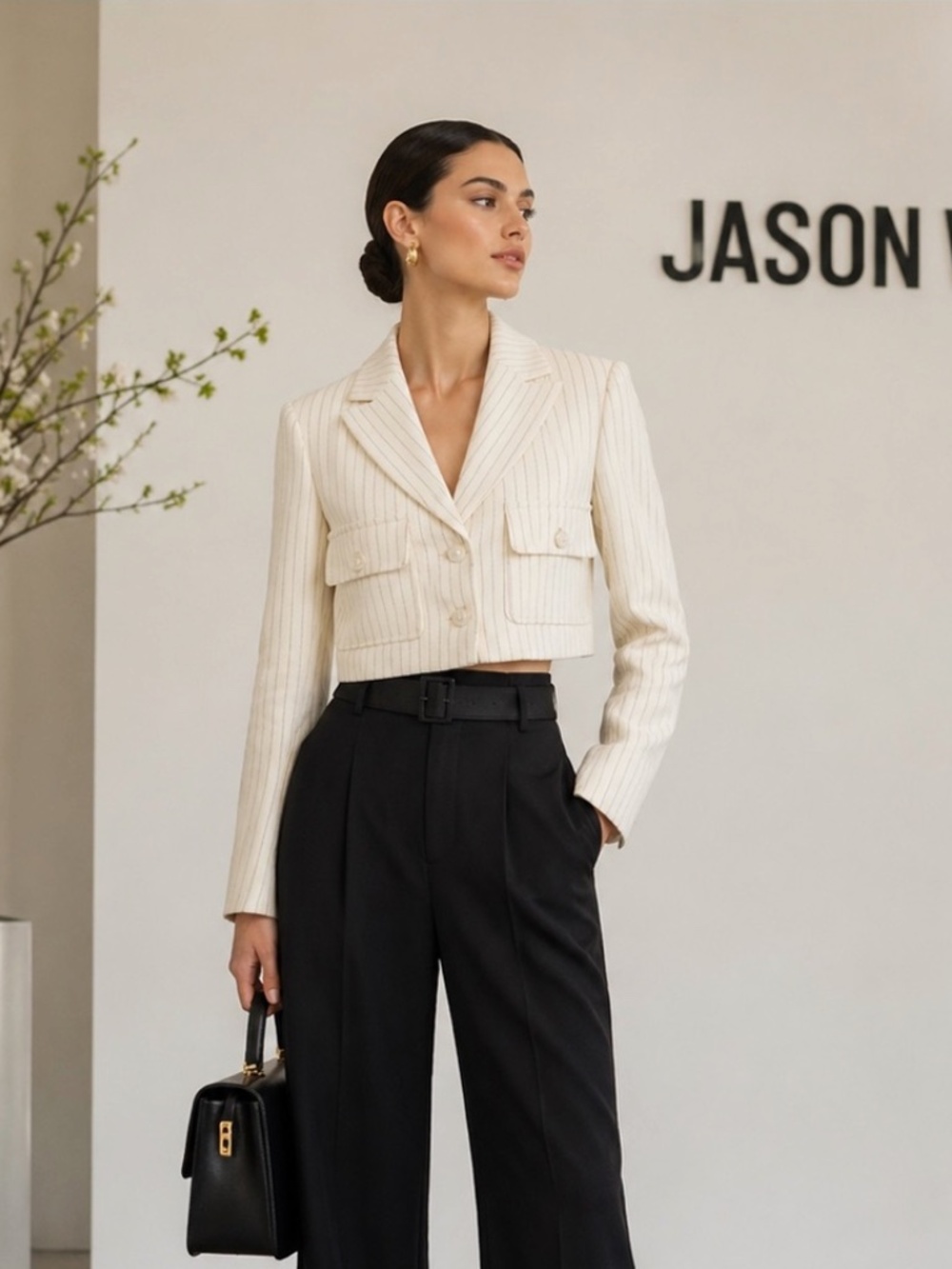 Jason Wu Cream Pinstripe Womens Cropped Blazer Jacket